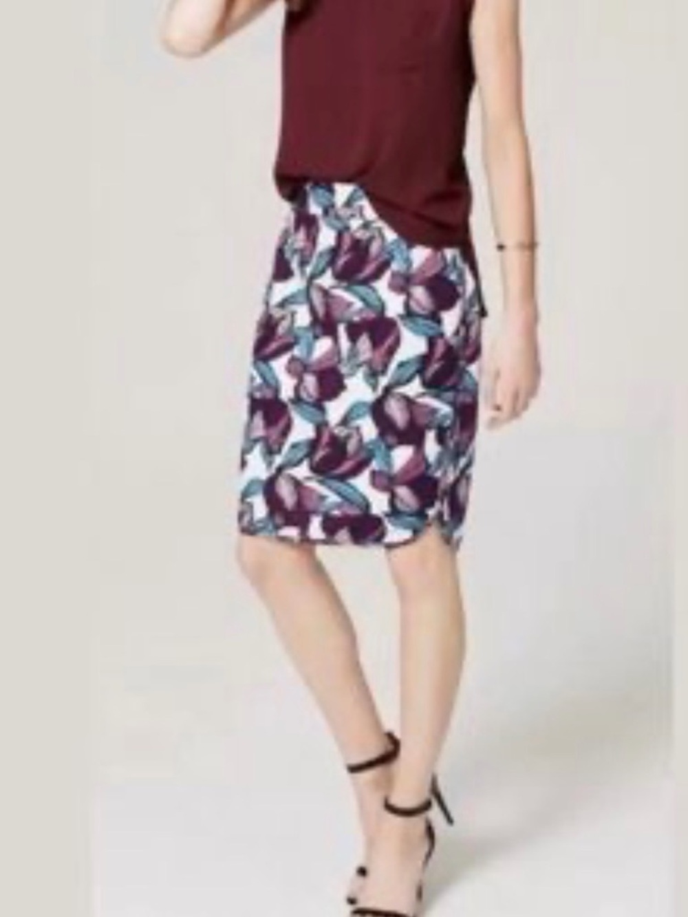 LOFT Floral Pencil Skirt in Burgundy, Teal, White